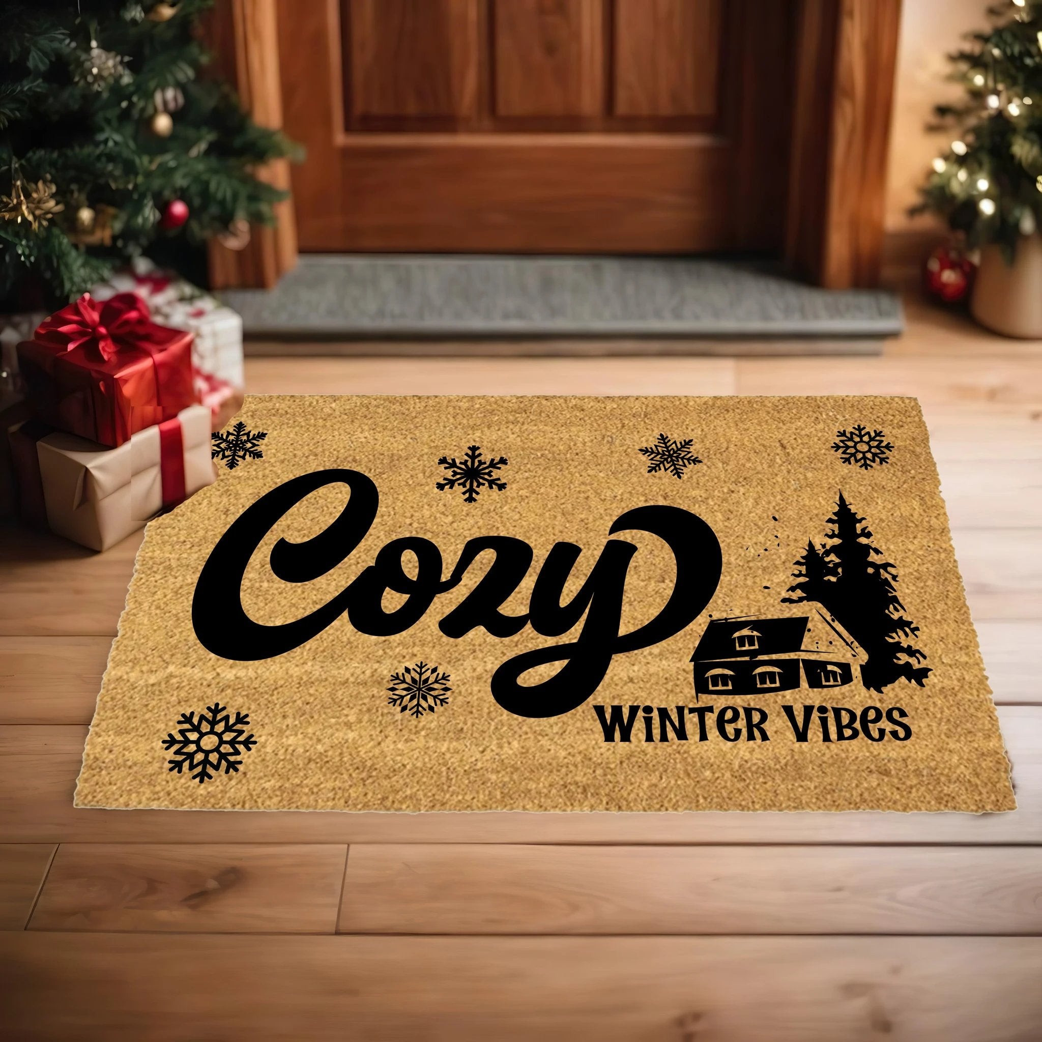 Cozy Winter Vibes Doormat | Rustic Cabin Snowflake Coir Welcome Mat | Warm & Inviting Winter Home Décor Gift