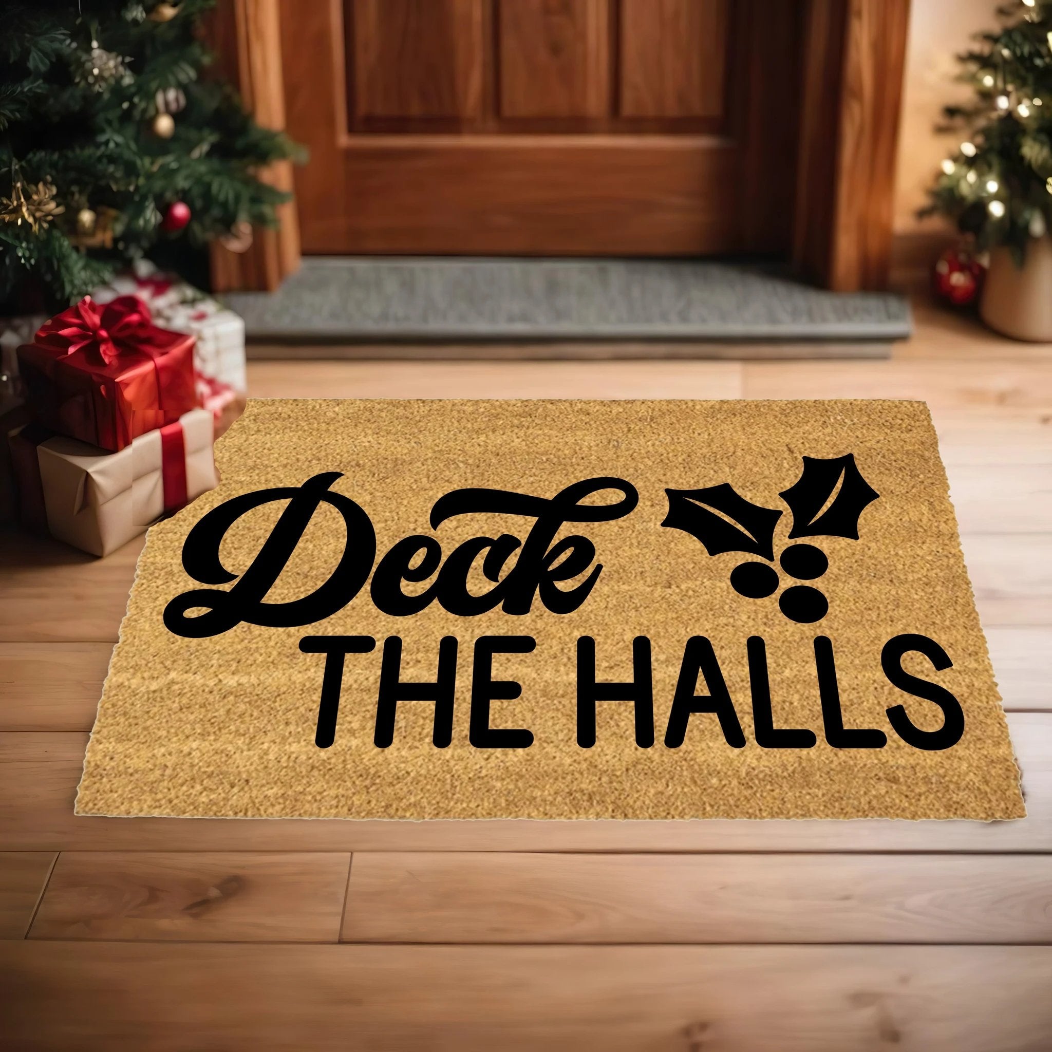Deck the Halls Christmas Doormat | Festive Holiday Coir Welcome Mat with Holly Design | Rustic Farmhouse Front Porch Décor
