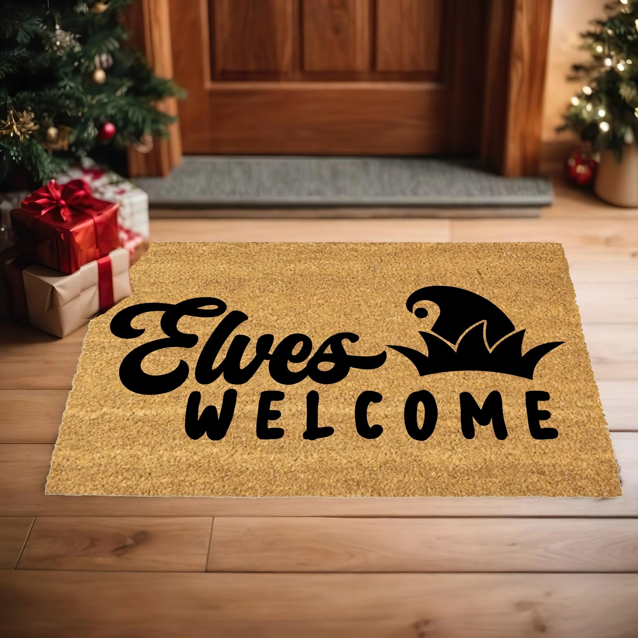 Elves Welcome Christmas Doormat | Whimsical Holiday Coir Welcome Mat with Elf Hat Design | Fun Family Front Porch Décor