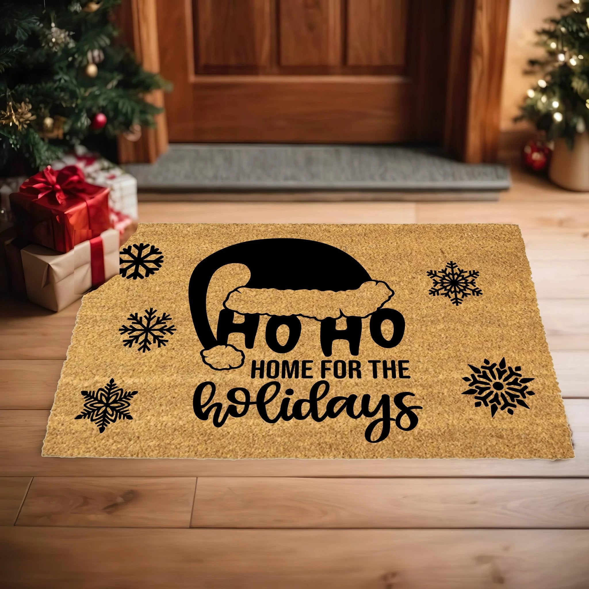 Ho Ho Home for the Holidays Christmas Doormat | Festive Santa Hat Coir Welcome Mat | Cozy Farmhouse Front Porch Décor
