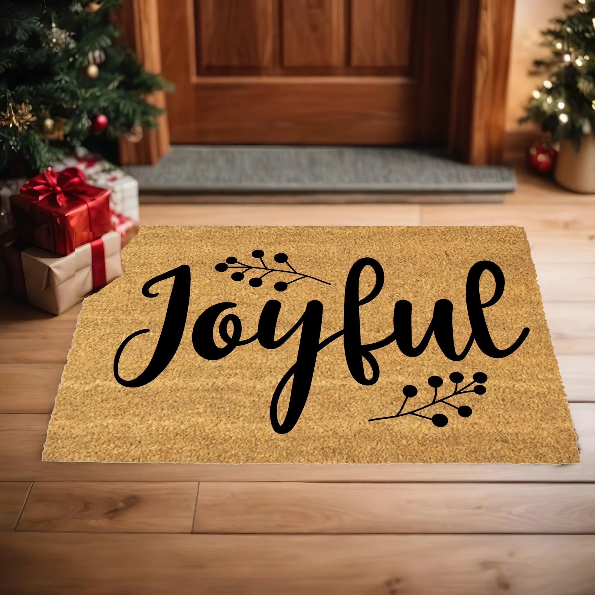 Joyful Christmas Doormat | Holiday Coir Welcome Mat | Rustic Farmhouse Winter Porch Décor