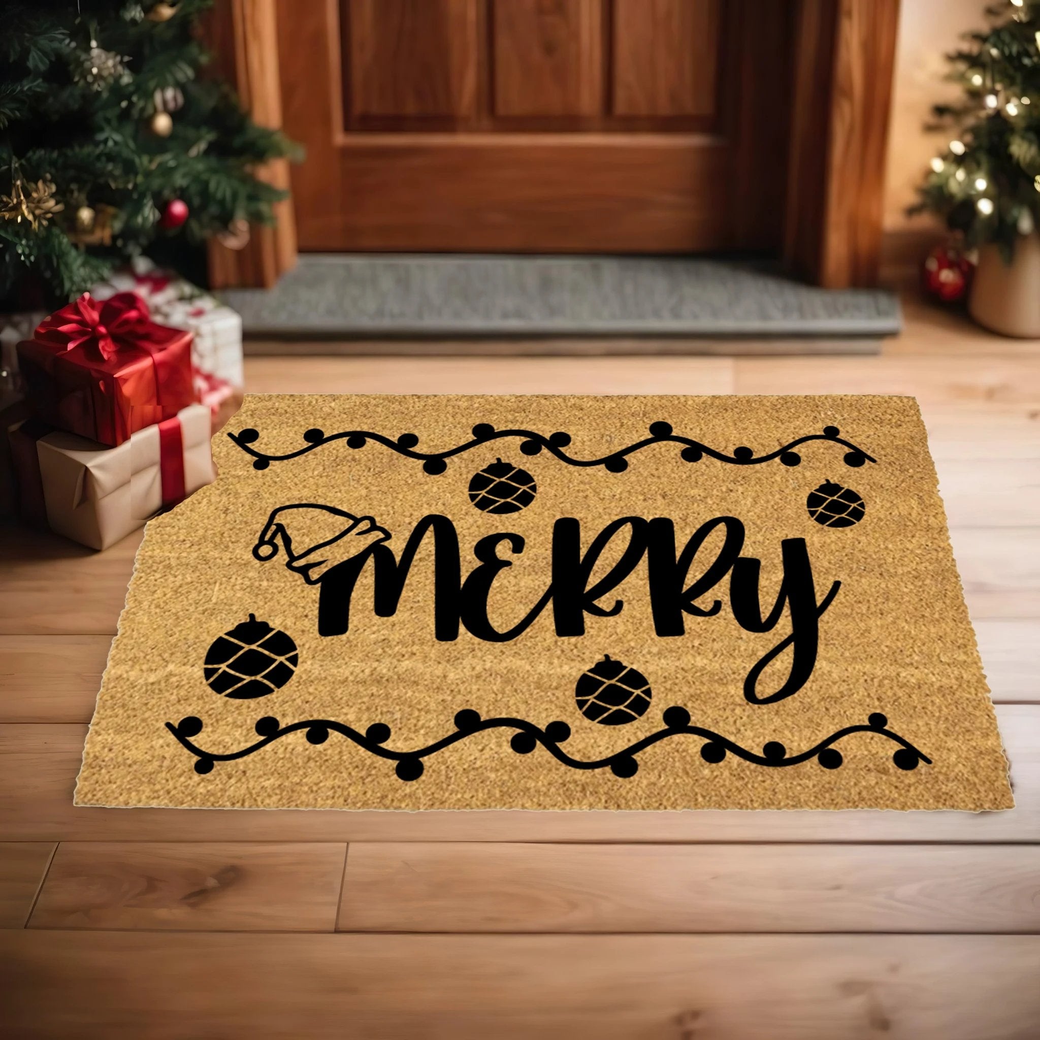 Merry Christmas Doormat | Festive Holiday Coir Welcome Mat with Ornaments & Santa Hat Design | Rustic Front Porch Décor