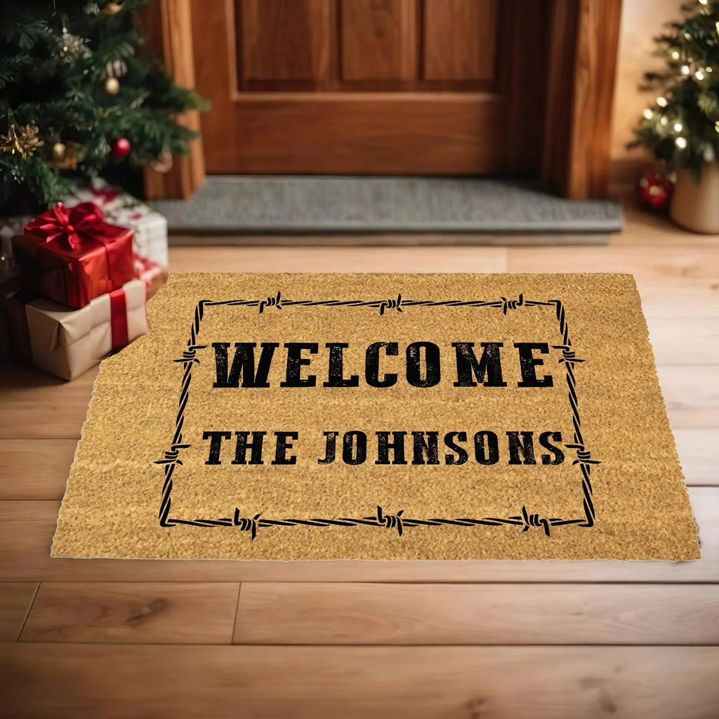 Personalized Western Welcome Doormat with Barbed Wire Frame – Custom Family Name Ranch-Style Outdoor Entrance Mat