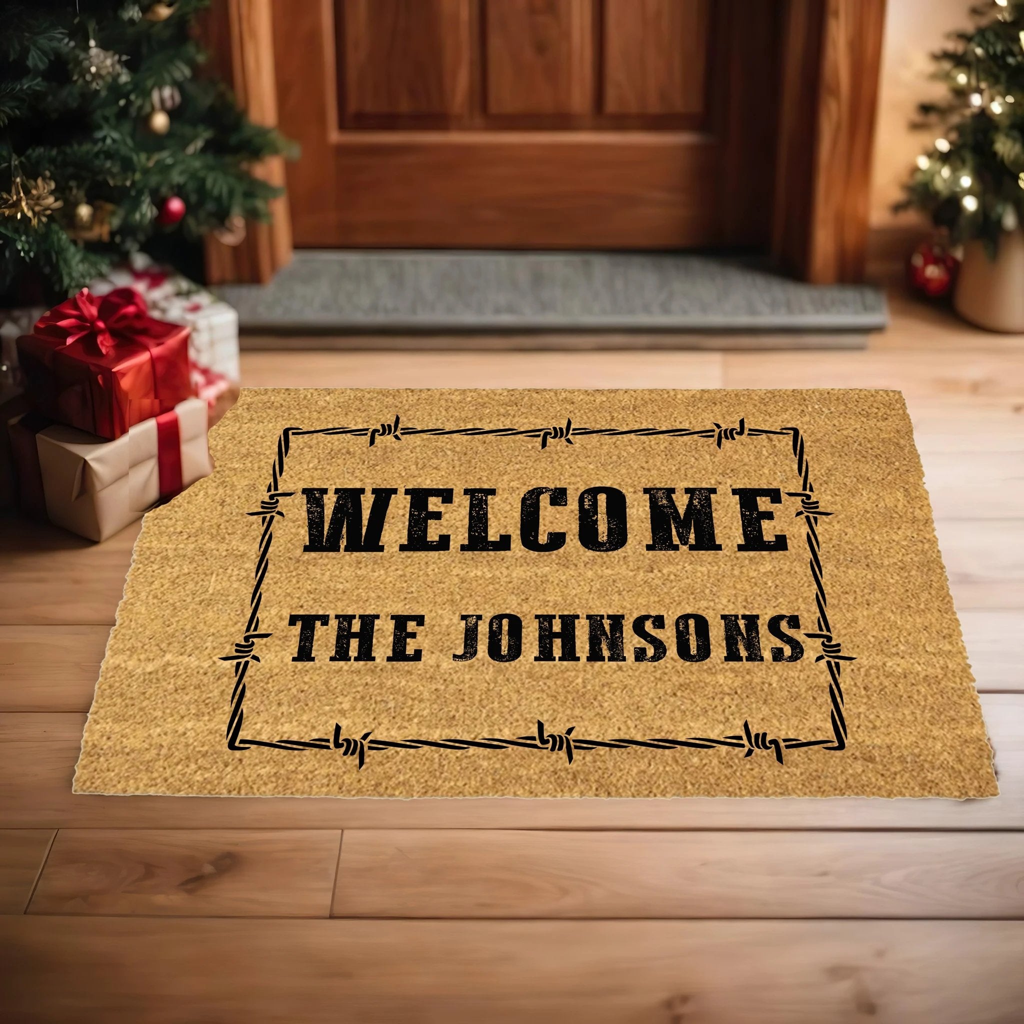 Personalized Western Welcome Doormat with Barbed Wire Frame – Custom Family Name Ranch-Style Outdoor Entrance Mat
