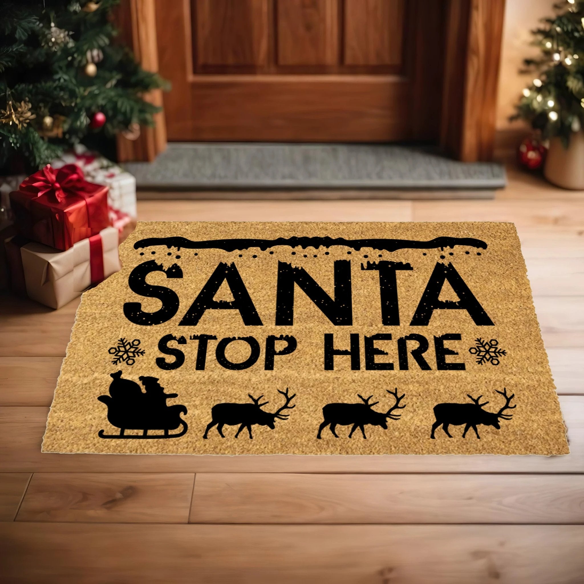 Santa, Please Stop Here Christmas Doormat | Santa Sleigh Coir Welcome Mat | Rustic Farmhouse Holiday Porch Décor