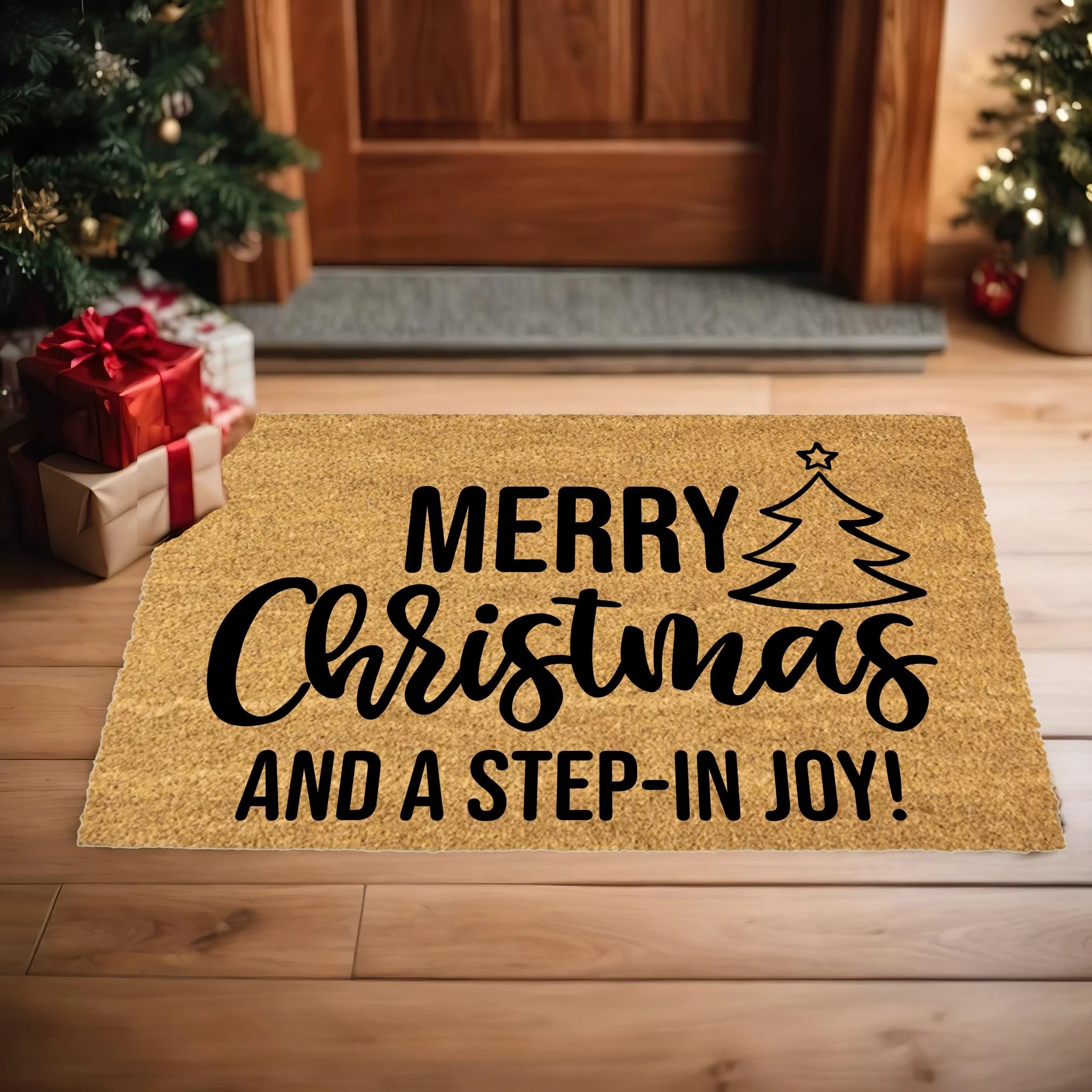 Merry Christmas and a Step-In Joy! Holiday Doormat | Funny Christmas Welcome Mat | Rustic Farmhouse Coir Porch Décor