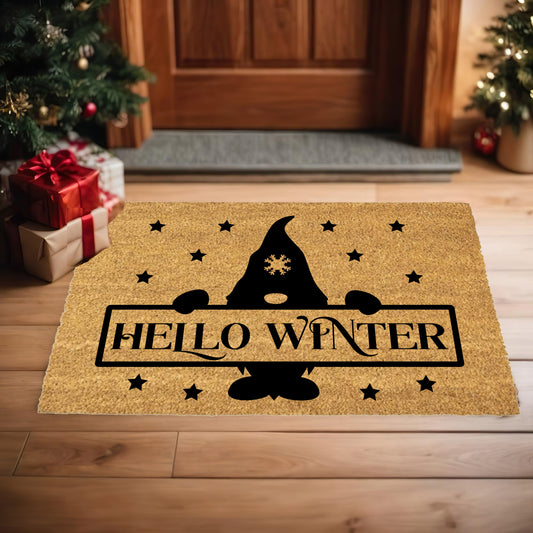 Hello Winter Gnome Doormat – Festive Coir Welcome Mat | Cute Scandinavian Holiday Porch Décor | Rustic Winter Entryway Rug - Mallard Moon