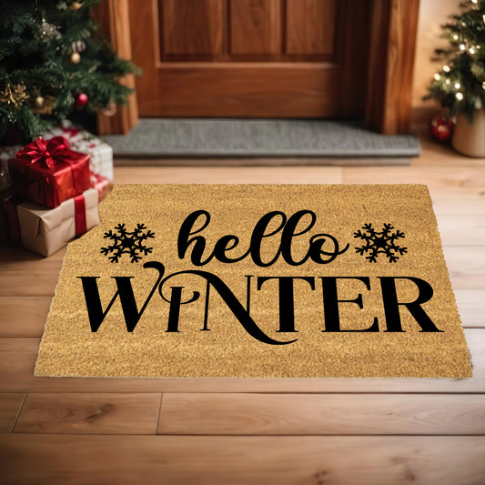 Hello Winter Coir Doormat – Snowflake Welcome Mat | Cozy Farmhouse Front Porch Décor | Rustic Holiday Entryway Rug - Mallard Moon