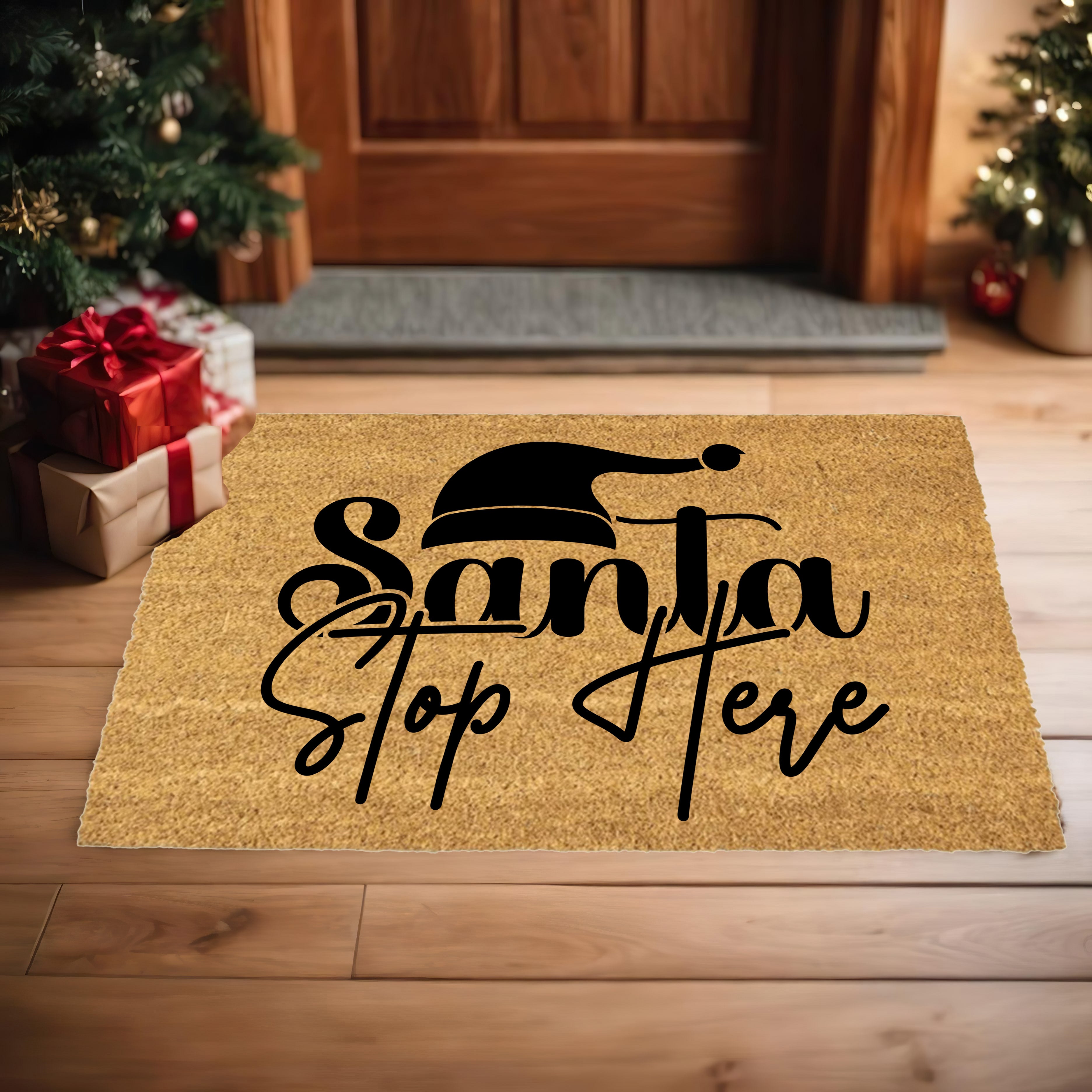 Santa Stop Here Doormat – Christmas Outdoor Coir Mat Holiday Décor - Mallard Moon