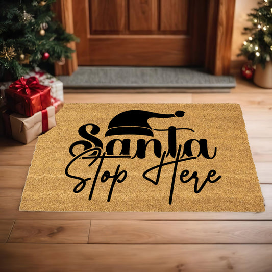 Santa Stop Here Doormat – Christmas Outdoor Coir Mat Holiday Décor