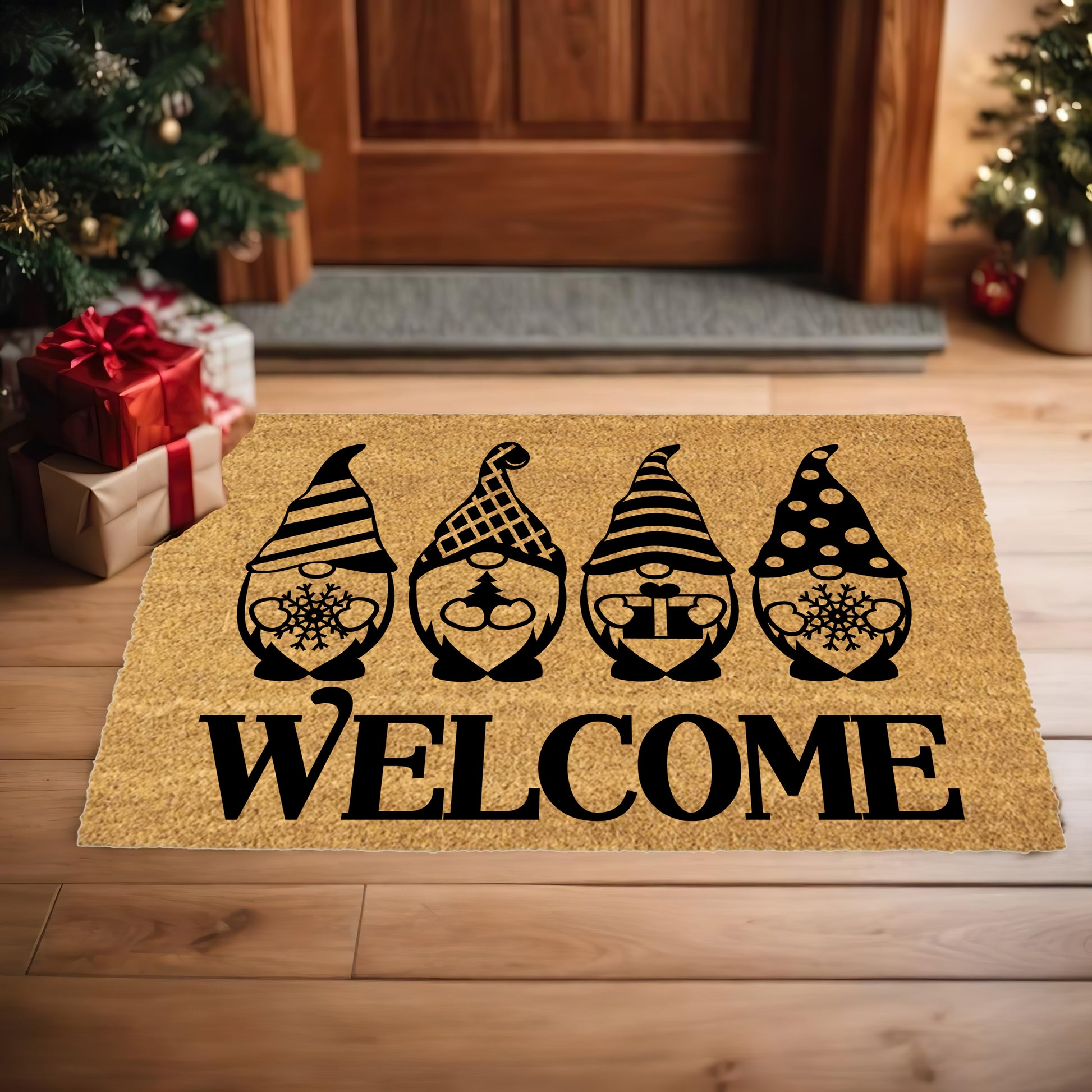 Christmas Gnome “Welcome” Doormat | Festive Holiday Coir Mat with Winter Gnomes | Cute Scandinavian Front Porch Décor - Mallard Moon