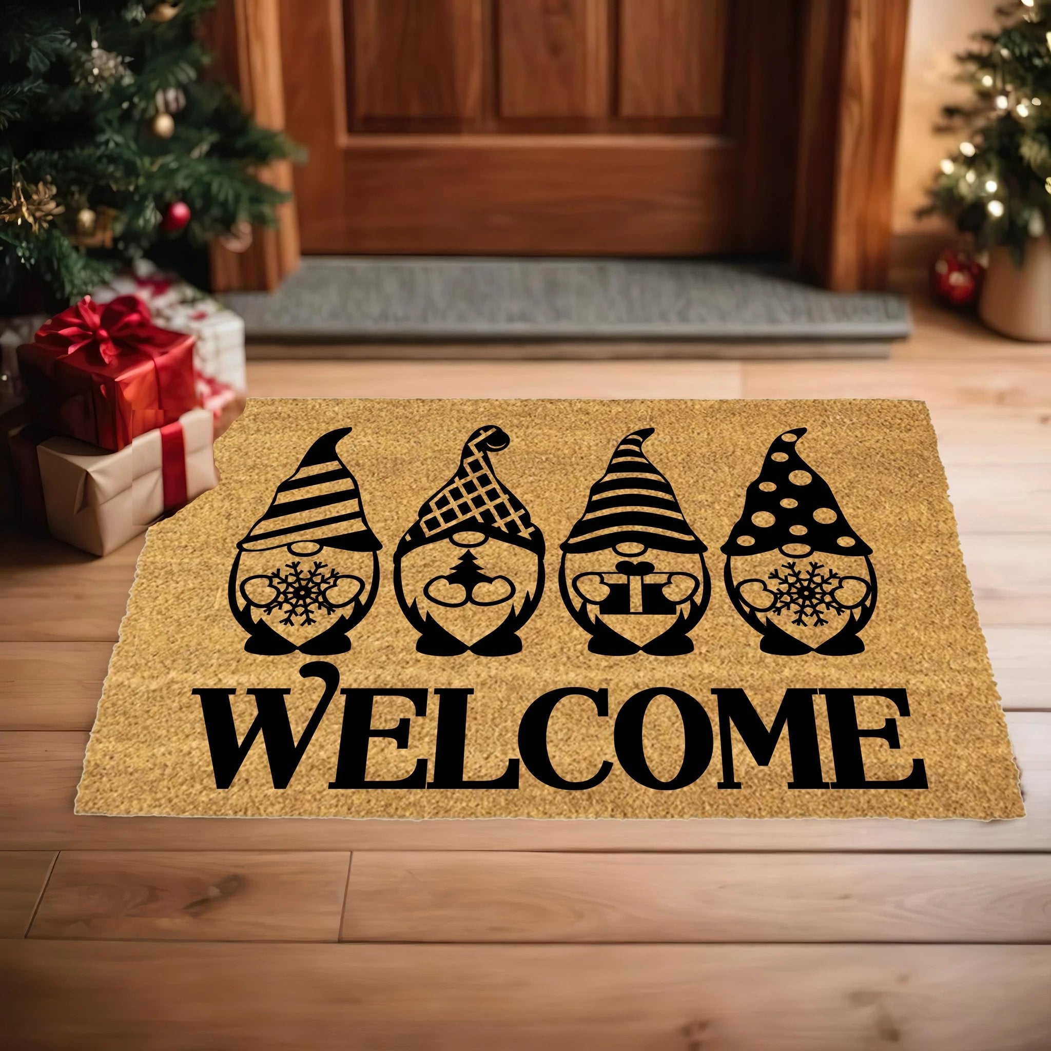 Christmas Gnome Welcome Doormat | Festive Holiday Coir Mat with Winter Gnomes | Cute Scandinavian Front Porch Décor