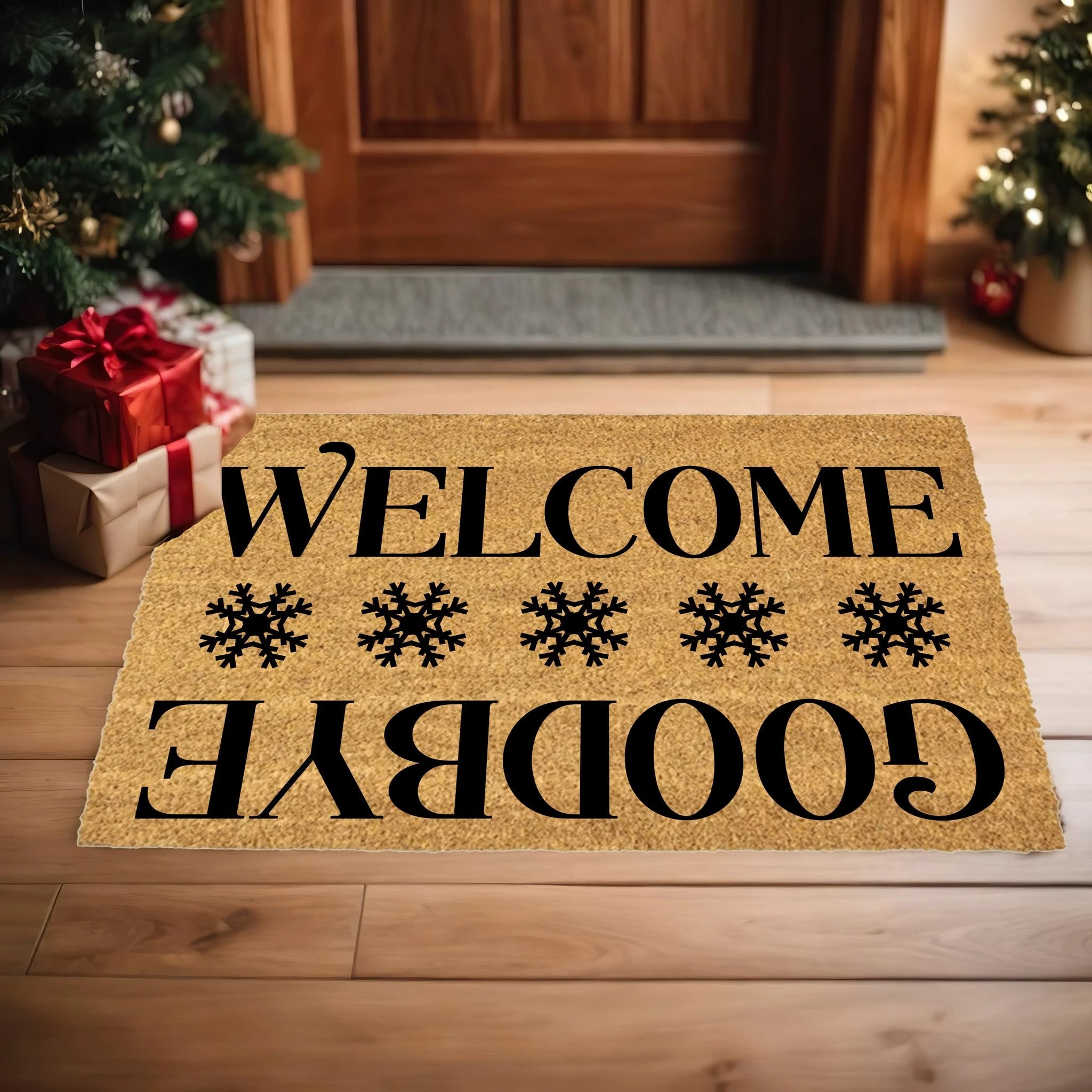 Welcome / Goodbye Snowflake Doormat | Double-Sided Winter Coir Welcome Mat | Funny Holiday Front Porch Décor