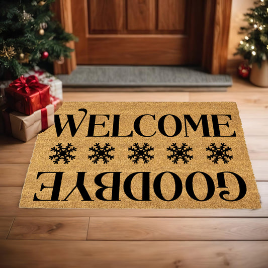 “Welcome / Goodbye” Snowflake Doormat | Double-Sided Winter Coir Welcome Mat | Funny Holiday Front Porch Décor - Mallard Moon