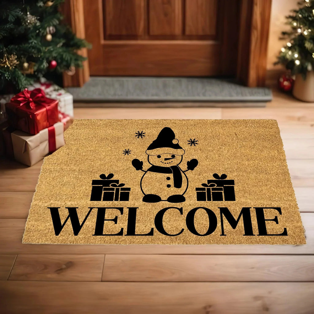 Snowman “Welcome” Doormat | Festive Coir Christmas Welcome Mat with Gifts and Snowflakes | Holiday Front Porch Décor