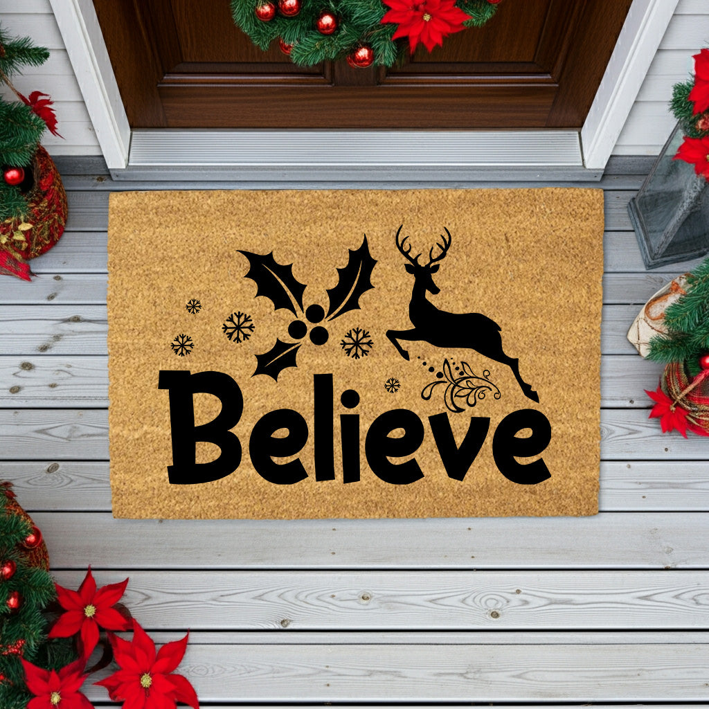 Believe Reindeer & Holly Doormat – Christmas Outdoor Coir Mat Décor - Mallard Moon
