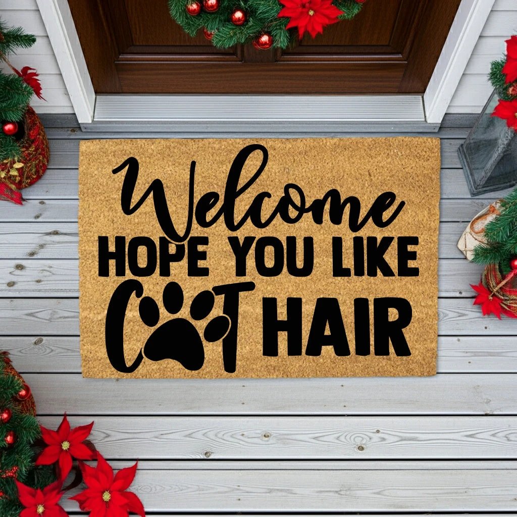 Funny Cat Lover Doormat – “Welcome Hope You Like Cat Hair” | Coir Welcome Mat with Paw Print | Gift for Cat Owners, Pet Homes & Crazy Cat Moms