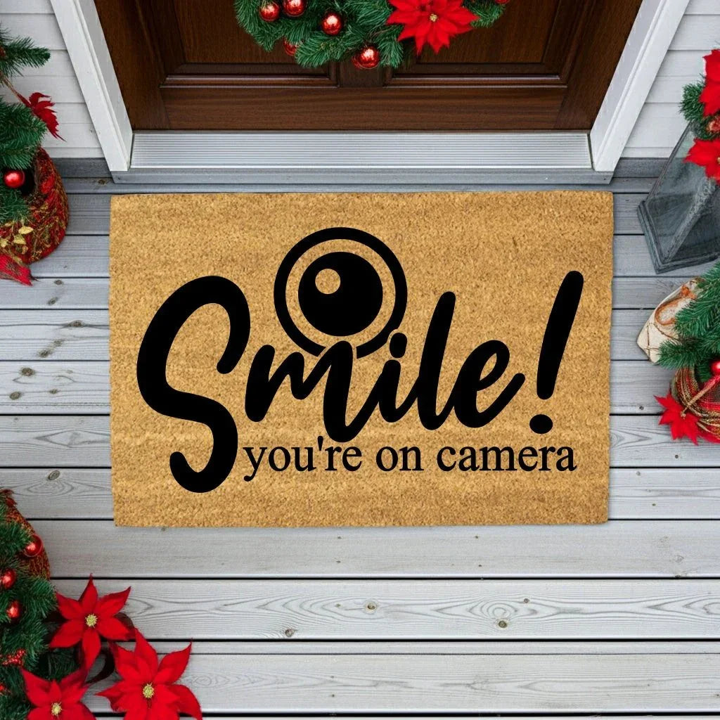 Funny Security Doormat - Smile! You’re on Camera | Coir Welcome Mat for Home Surveillance | Humorous Front Porch Décor