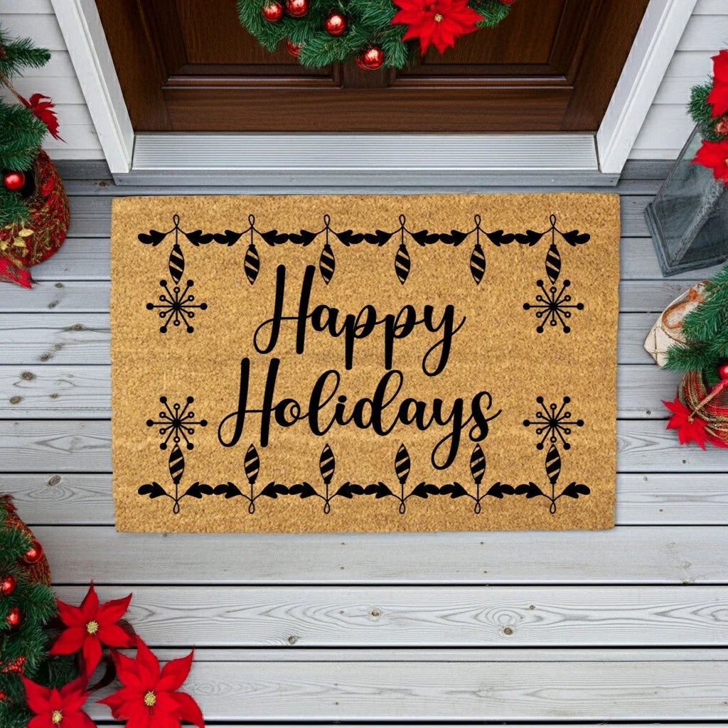 Happy Holidays Christmas Doormat | Festive Coir Welcome Mat with Ornaments & Snowflakes | Holiday Front Porch Décor Gift