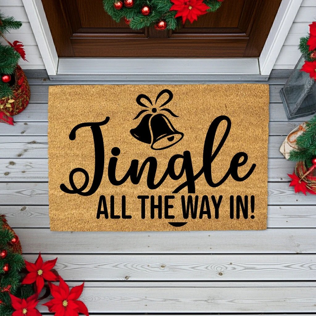 Christmas Doormat Jingle All the Way In! Festive Bells Holiday Welcome Mat | Fun Farmhouse Front Porch Décor
