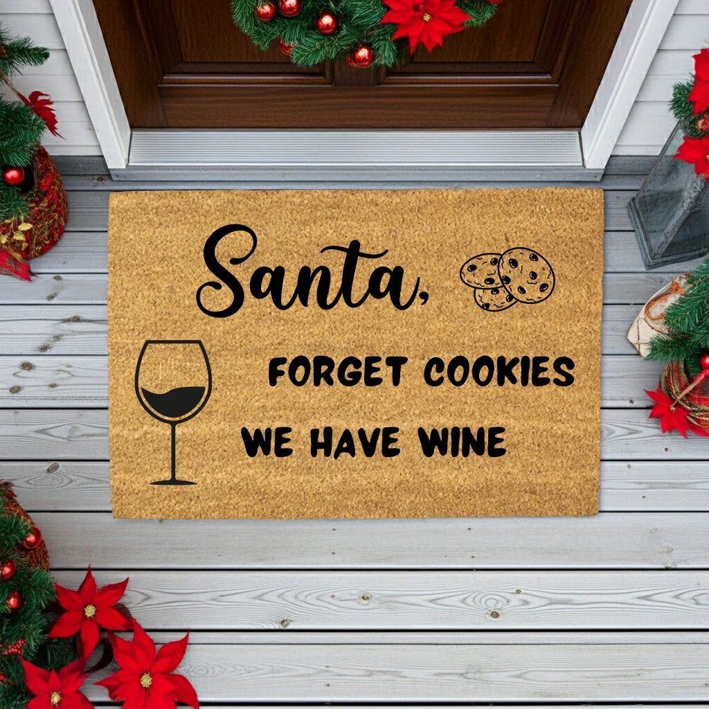 Santa Forget Cookies We Have Wine Funny Christmas Doormat – Holiday Front Porch Welcome Mat, Rustic Coir Entry Rug for Wine Lovers
