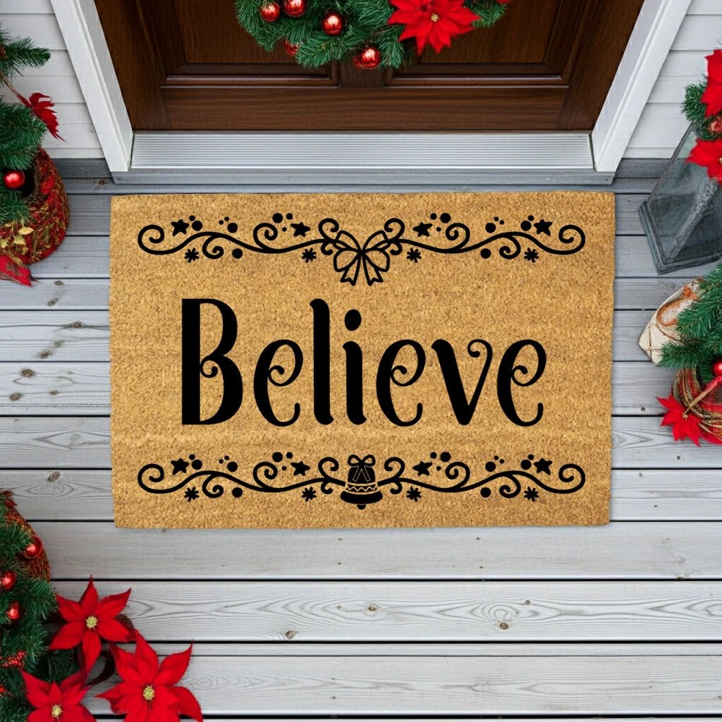Believe in Christmas Doormat | Elegant Holiday Coir Welcome Mat with Bow & Bell Design | Festive Front Porch Décor Gift
