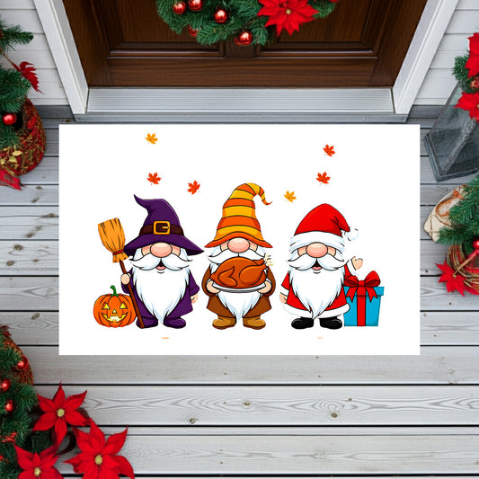 Holiday Gnome Trio Doormat – Halloween, Thanksgiving & Christmas All-in-One Welcome Mat – Cute Seasonal Full-Color Entry Rug