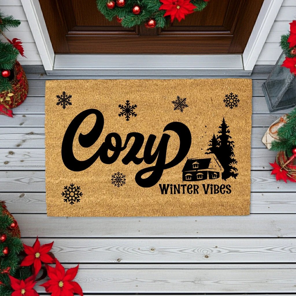 Cozy Winter Vibes Doormat | Rustic Cabin Snowflake Coir Welcome Mat | Warm & Inviting Winter Home Décor Gift