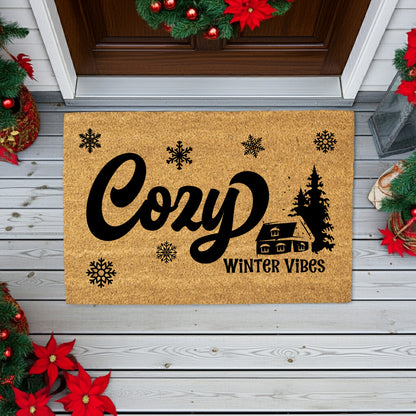 Cozy Winter Vibes Doormat | Rustic Cabin Snowflake Coir Welcome Mat | Warm & Inviting Winter Home Décor Gift