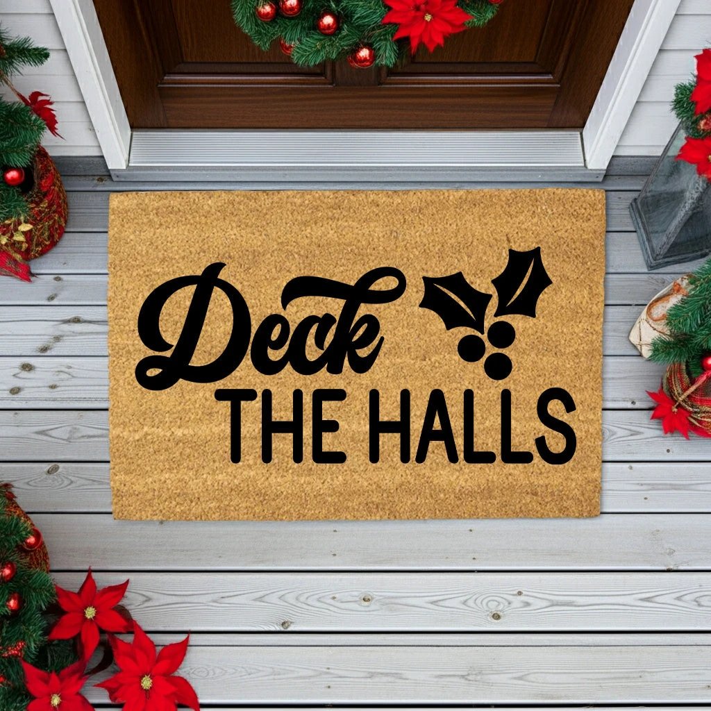 Deck the Halls Christmas Doormat | Festive Holiday Coir Welcome Mat with Holly Design | Rustic Farmhouse Front Porch Décor