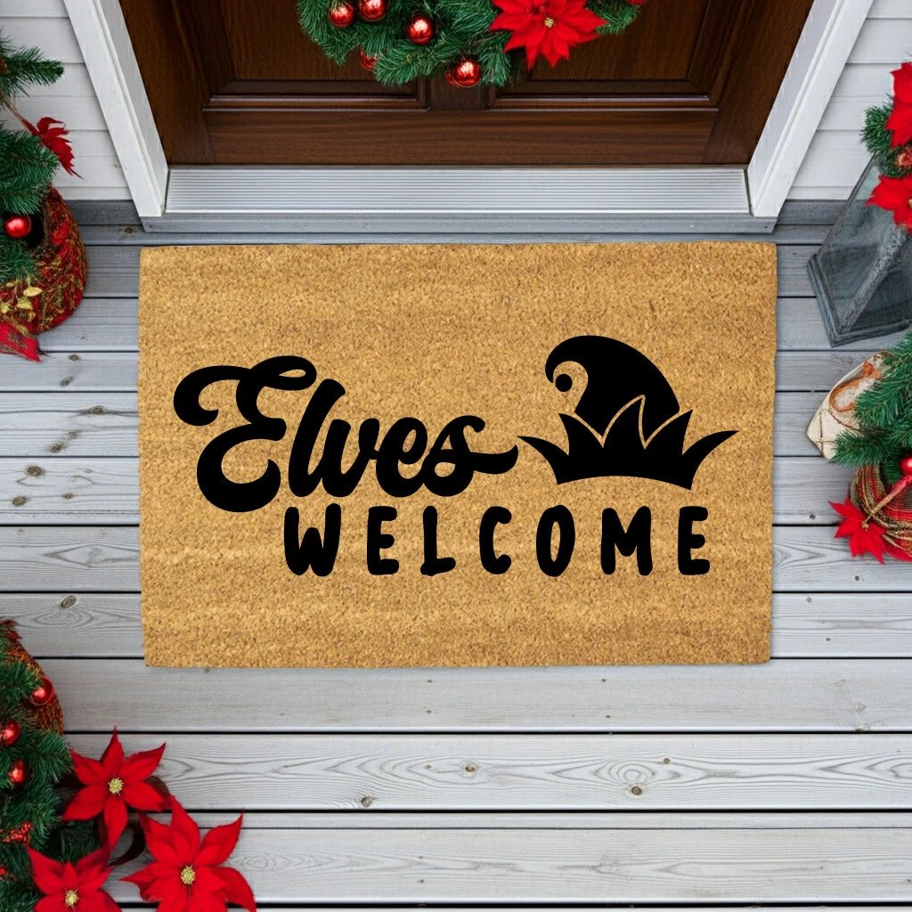 Elves Welcome Christmas Doormat | Whimsical Holiday Coir Welcome Mat with Elf Hat Design | Fun Family Front Porch Décor
