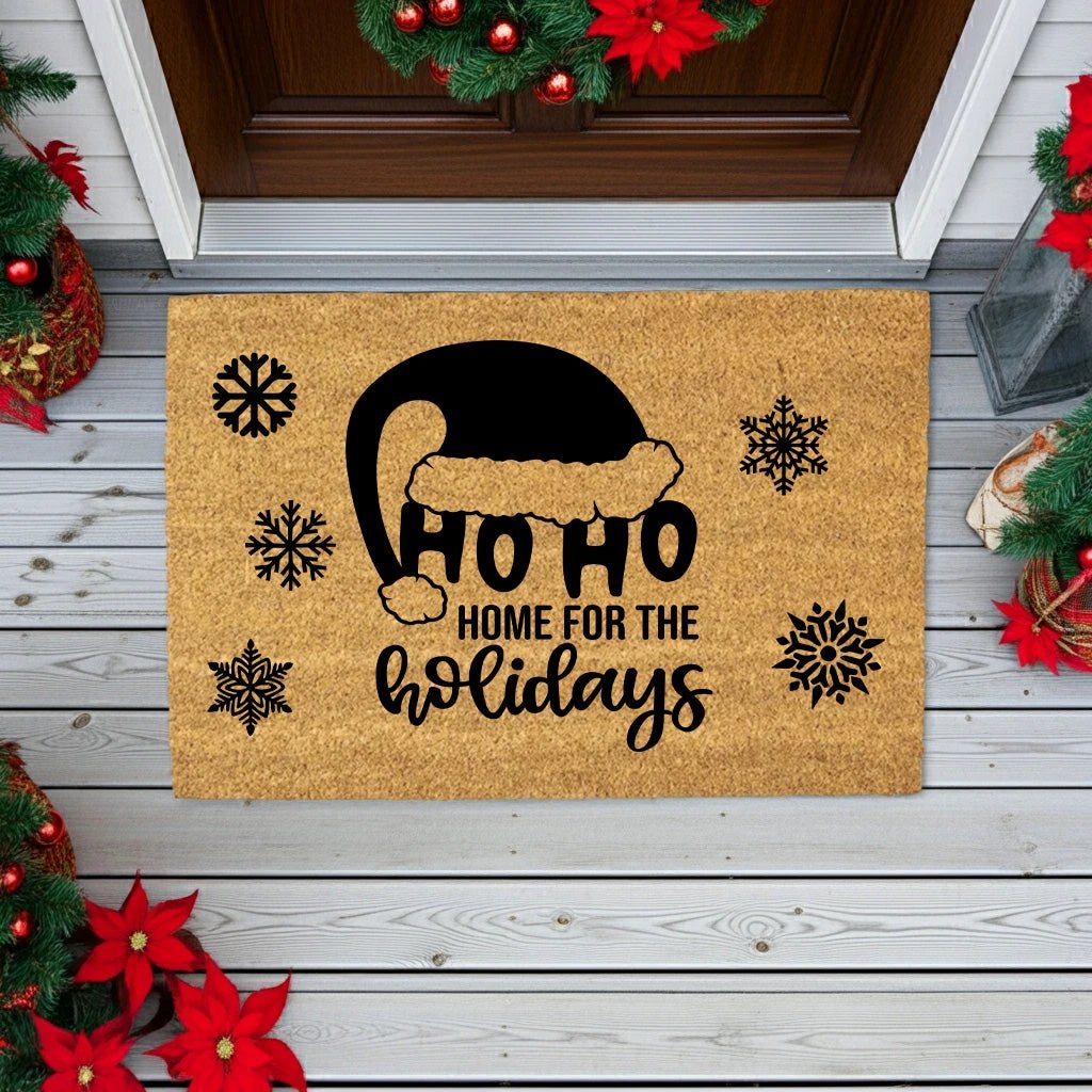 Ho Ho Home for the Holidays Christmas Doormat | Festive Santa Hat Coir Welcome Mat | Cozy Farmhouse Front Porch Décor