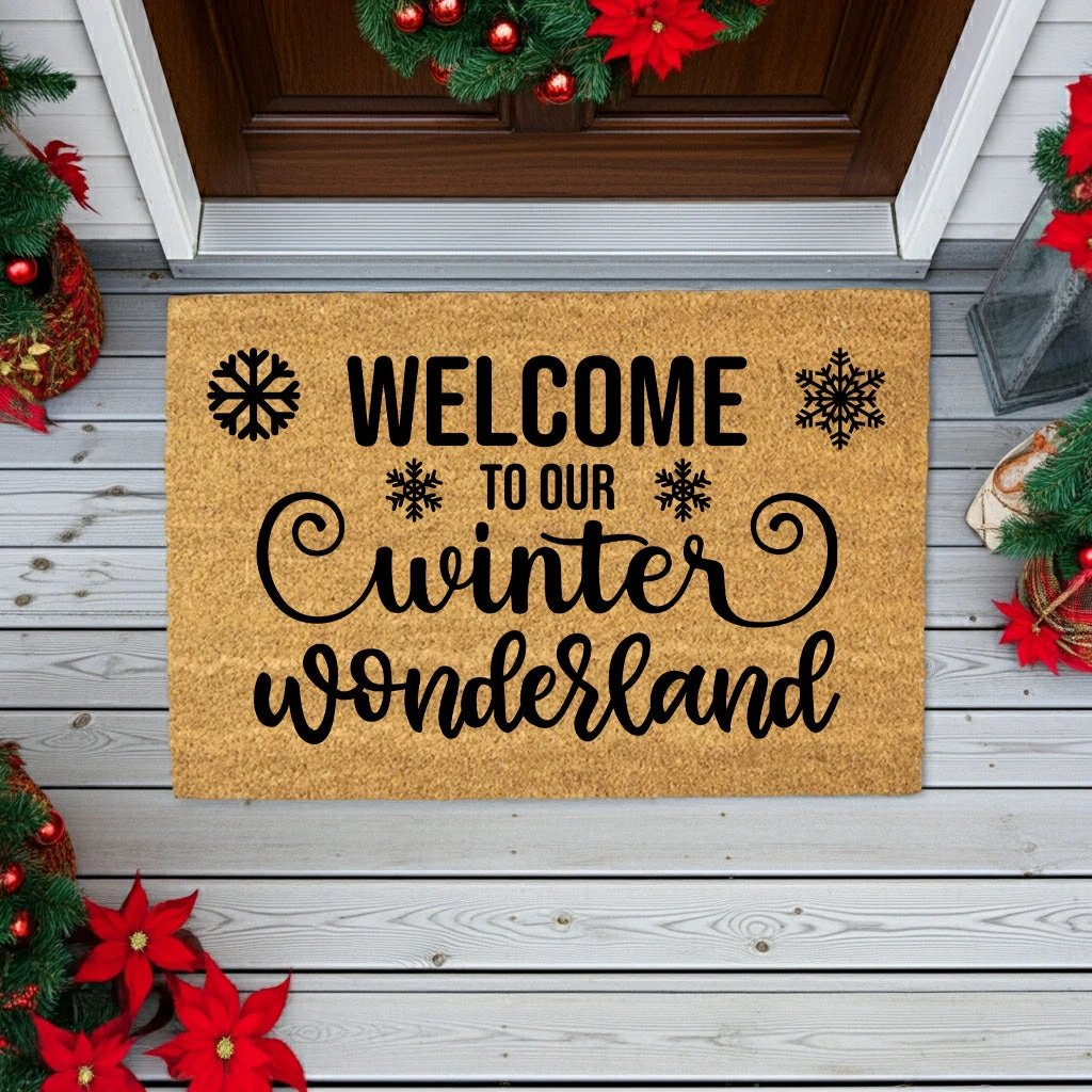 Welcome to Our Winter Wonderland Doormat | Rustic Snowflake Holiday Welcome Mat | Farmhouse Winter Porch Décor