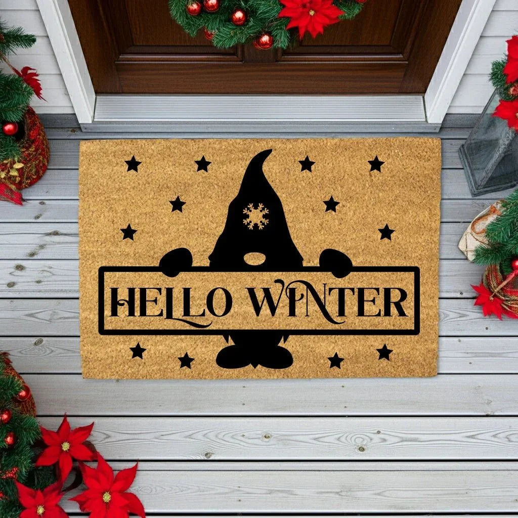 Hello Winter Gnome Doormat – Festive Coir Welcome Mat | Cute Scandinavian Holiday Porch Décor | Rustic Winter Entryway Rug