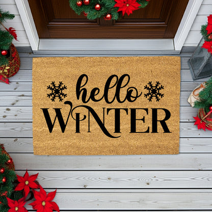 Hello Winter Coir Doormat – Snowflake Welcome Mat | Cozy Farmhouse Front Porch Décor | Rustic Holiday Entryway Rug - Mallard Moon