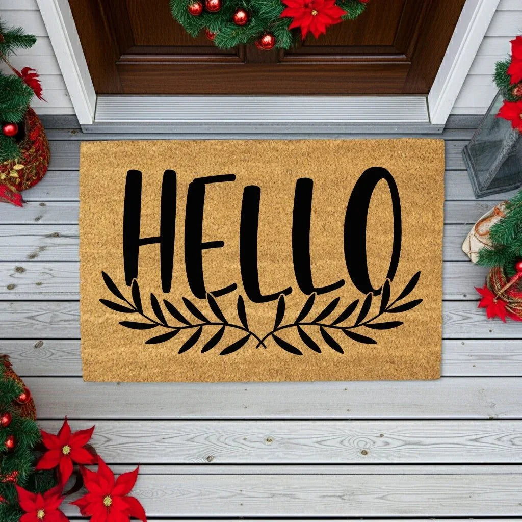 Hello Coir Doormat with Leaf Design – Simple Welcome Mat | Modern Farmhouse Front Porch Decor | Everyday Entryway Rug