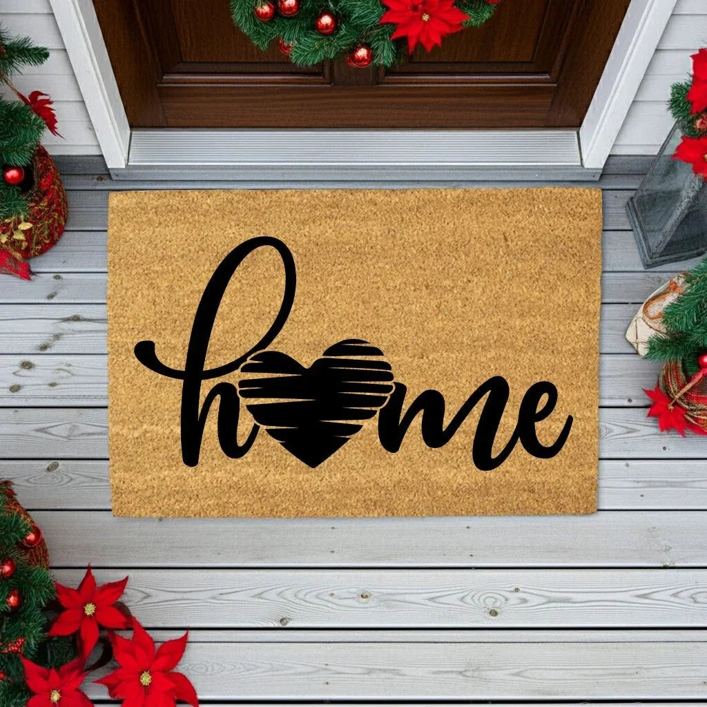 Home Heart Coir Doormat – Rustic Farmhouse Welcome Mat | Minimalist Entryway Décor | Everyday Porch Rug with Script Heart Design