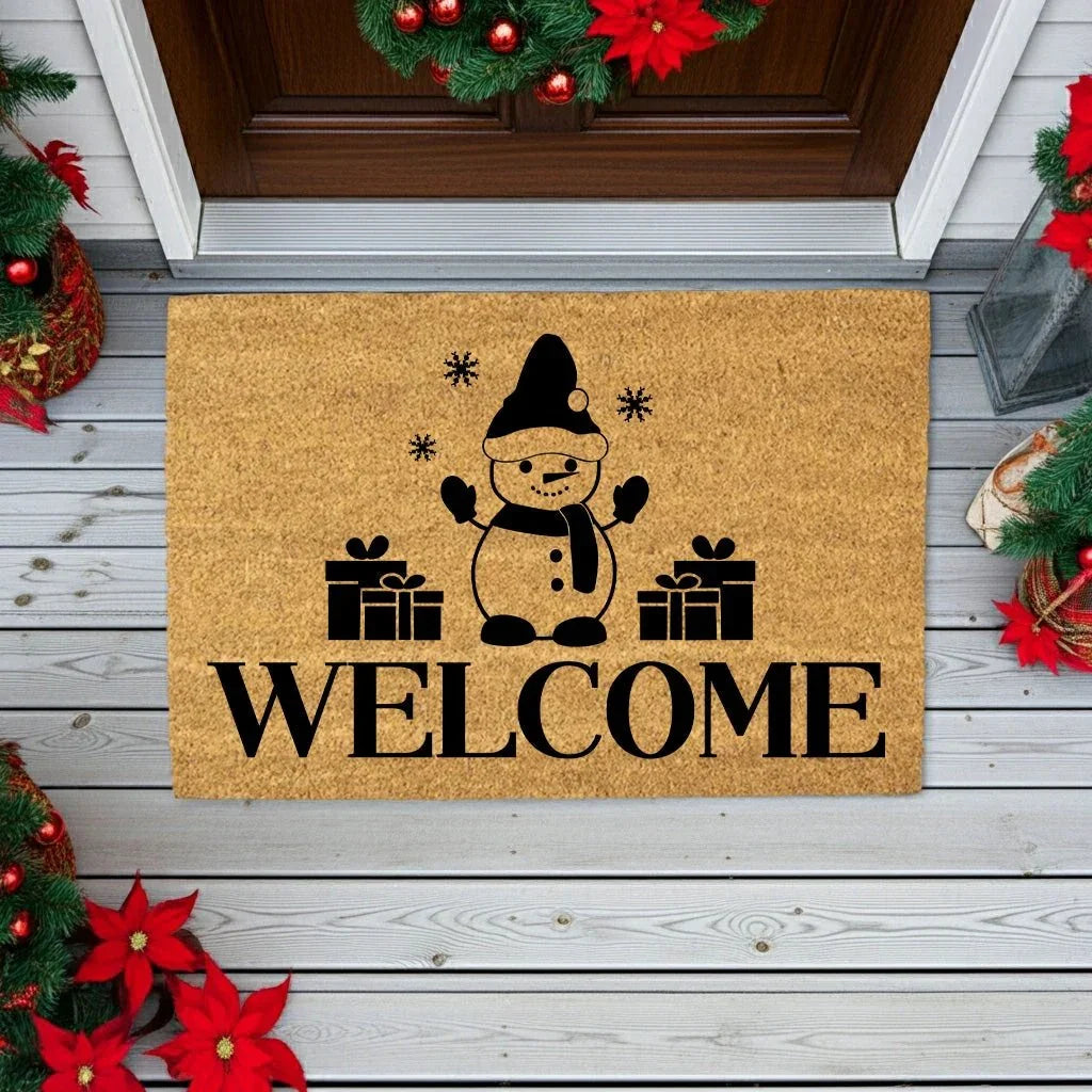 Snowman “Welcome” Doormat | Festive Coir Christmas Welcome Mat with Gifts and Snowflakes | Holiday Front Porch Décor