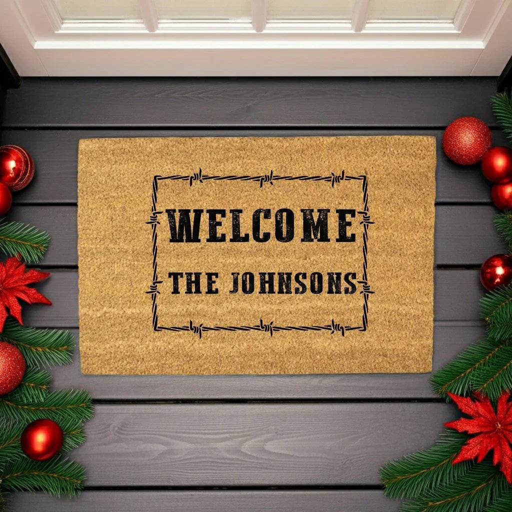 Personalized Western Welcome Doormat with Barbed Wire Frame – Custom Family Name Ranch-Style Outdoor Entrance Mat