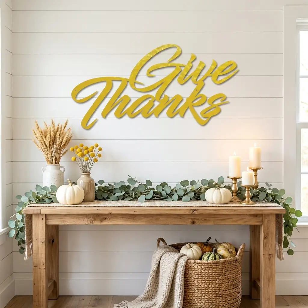 Give Thanks Metal Sign, Farmhouse Wall Decor, Thanksgiving Decor, Script Wall Art, Fall Home Decor, Gratitude Sign