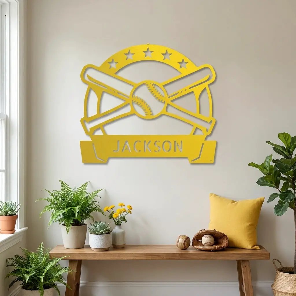 Personalized Baseball Metal Wall Art – Custom Name Baseball Sign – Baseball Bat & Ball Decor – Coach Gift – Sports Wall Art