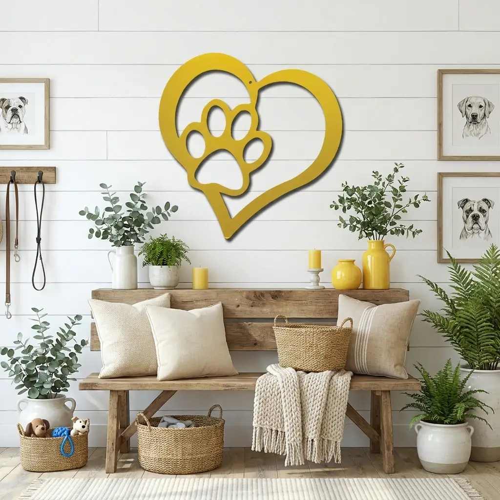 Puppy Love Metal Wall Art – Dog Paw Heart Metal Sign – Pet Lover Decor – Rustic Dog Mom Gift – Indoor Outdoor Steel Wall Art