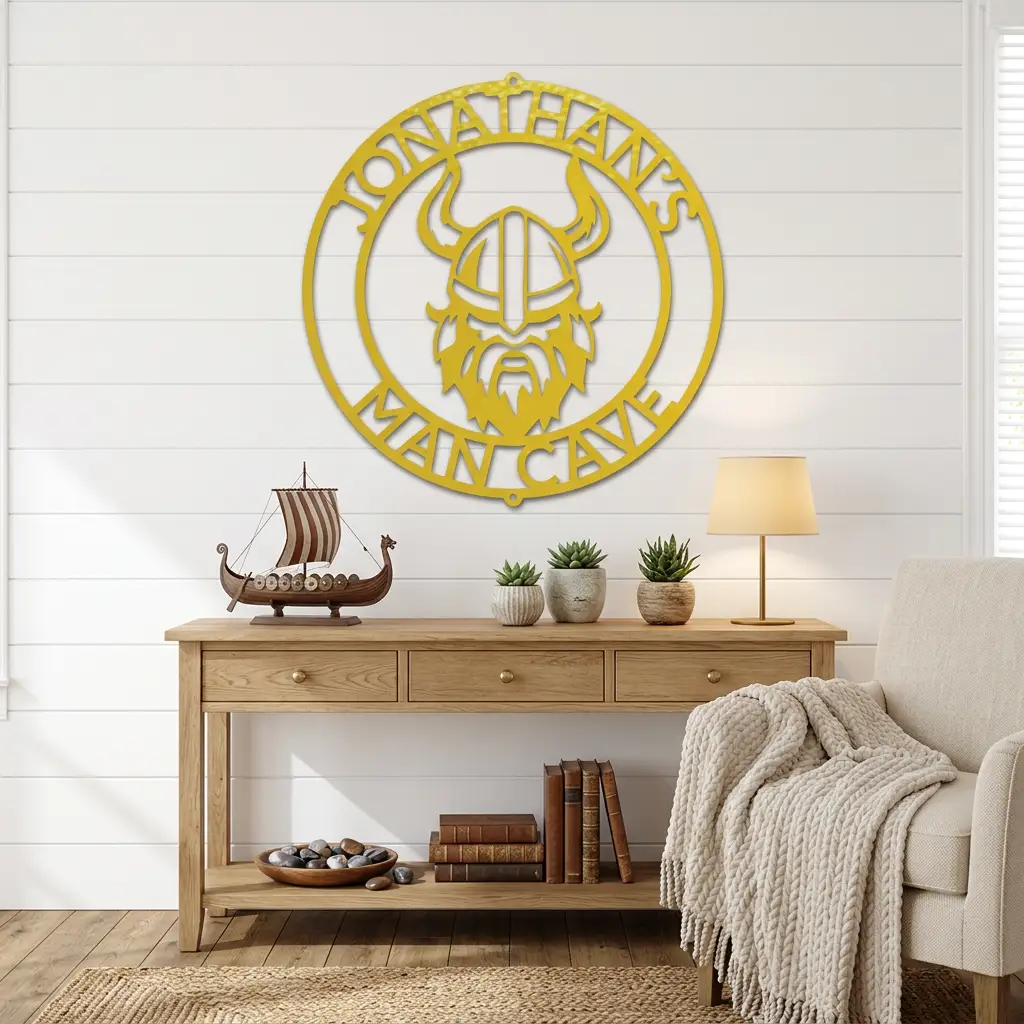 Personalized Viking Metal Wall Art | Custom Viking Name Sign | Norse Warrior Steel Wall Decor | Viking Helmet Home Decoration | Made in USA