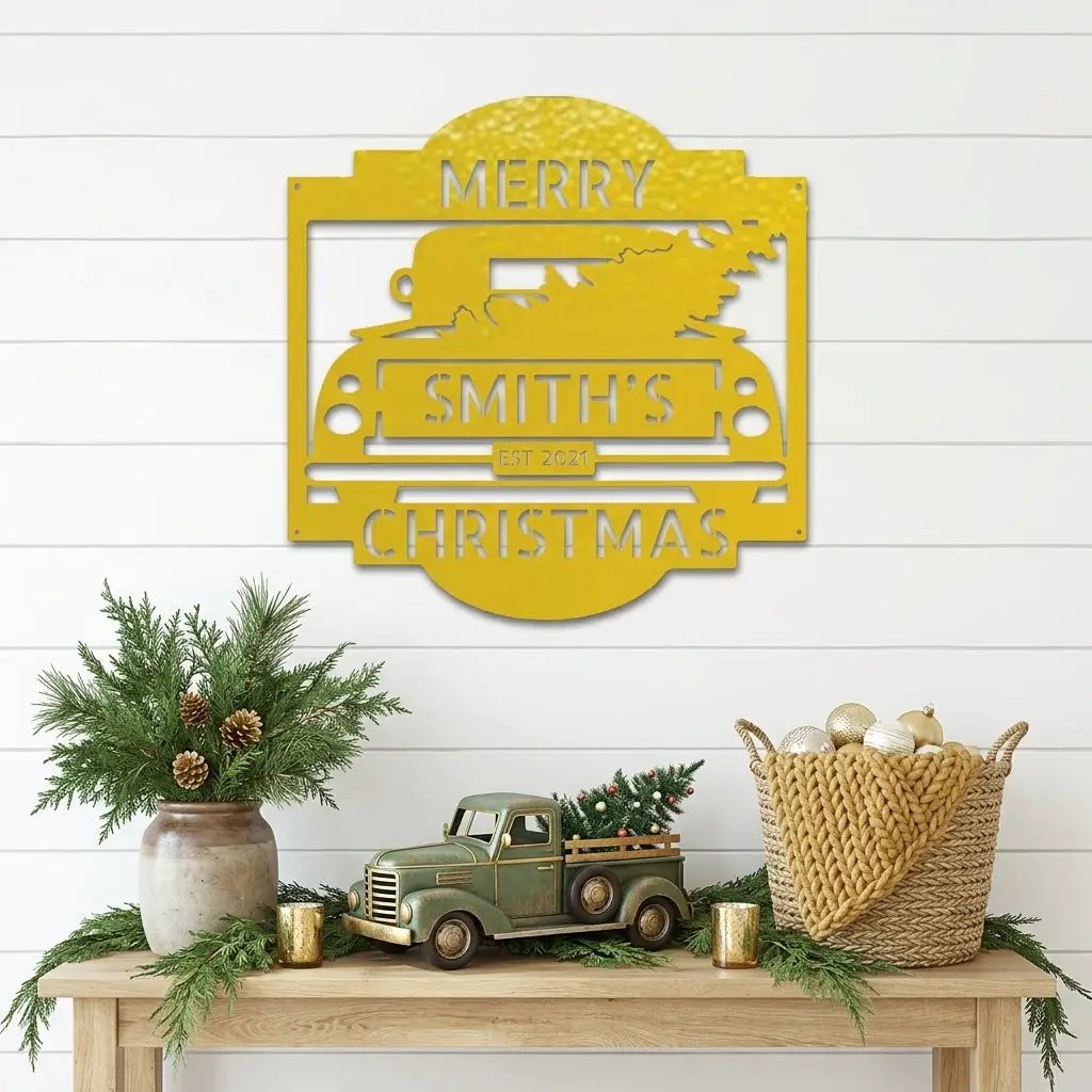 Christmas Truck Personalized Metal Wall Sign | Custom Family Holiday Wall Art | Vintage Truck Christmas Decor | Personalized Name & Year Metal Sign | Made in USA