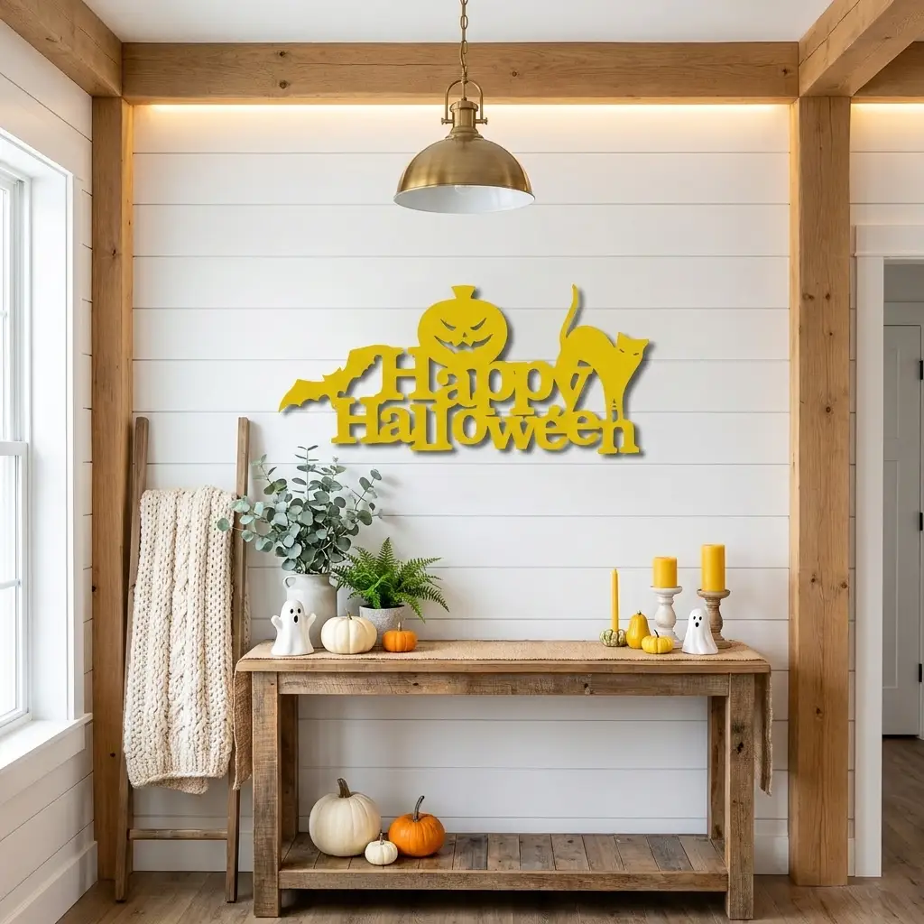 Happy Halloween Metal Wall Art Sign – Pumpkin Bat Cat Halloween Decor – Outdoor Powder Coated Steel Sign – Spooky Farmhouse Porch Decor