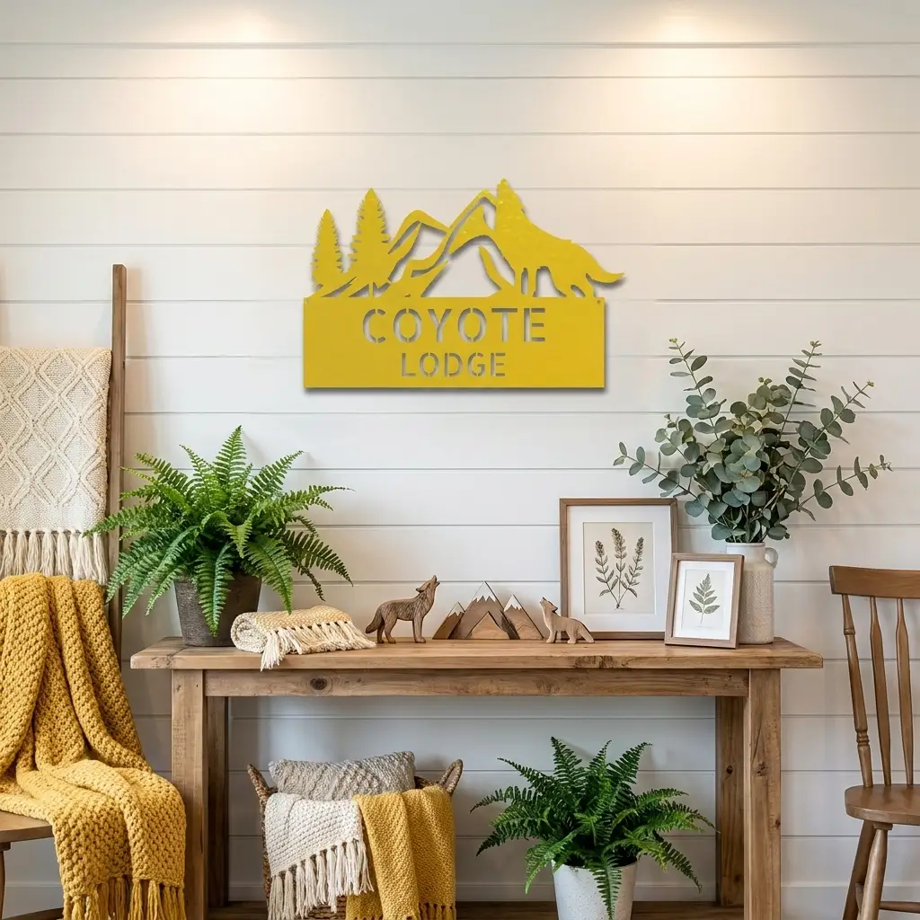 Coyote and Mountains Custom Name Metal Wall Sign