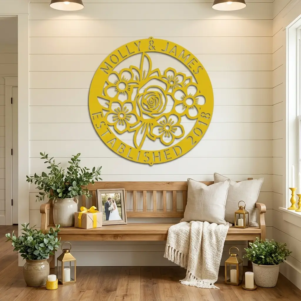 Personalized Floral Family Name Metal Sign | Custom Established Date Wall Art | Round Flower Monogram Steel Decor | Wedding, Anniversary & Housewarming Gift
