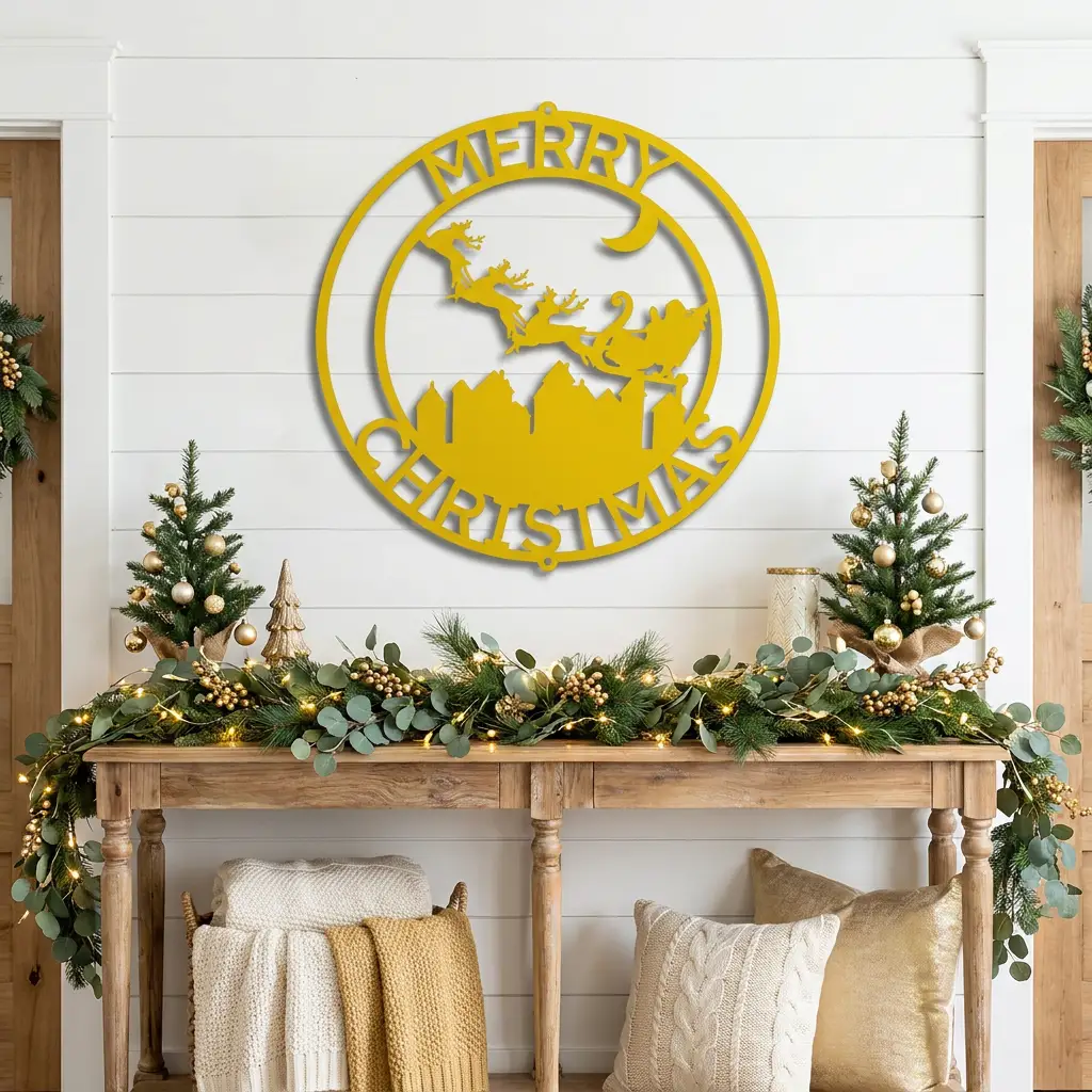 Personalized Santa Sleigh Flying Over Town Metal Wall Art – Custom Family Name Christmas Sign – Holiday Steel Décor (5 Sizes, 5 Colors)