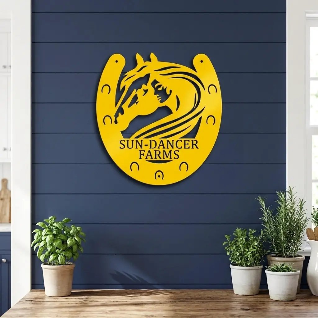 Personalized Horse & Horseshoe Metal Wall Art | Custom Ranch Name Sign | Equestrian Wall Decor | Western Farmhouse Metal Sign | Made in USA