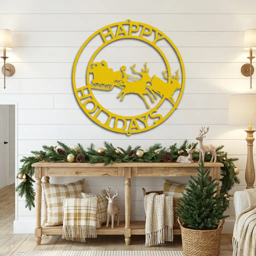 Personalized Santa Sleigh & Reindeer Metal Wall Art – Custom Family Name Christmas Sign – Handmade Steel Décor (5 Sizes, 5 Colors)